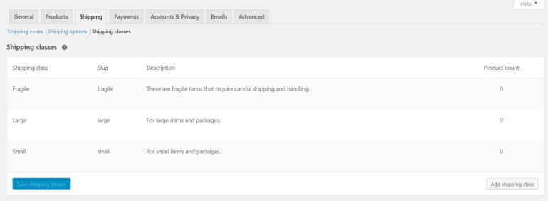 WooCommerce shipping classes screen