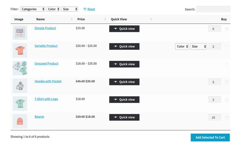 WooCommerce product table