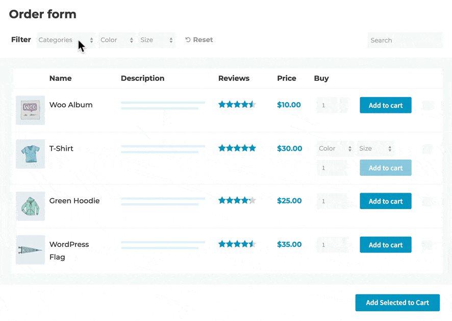 WooCommerce Product Table order form