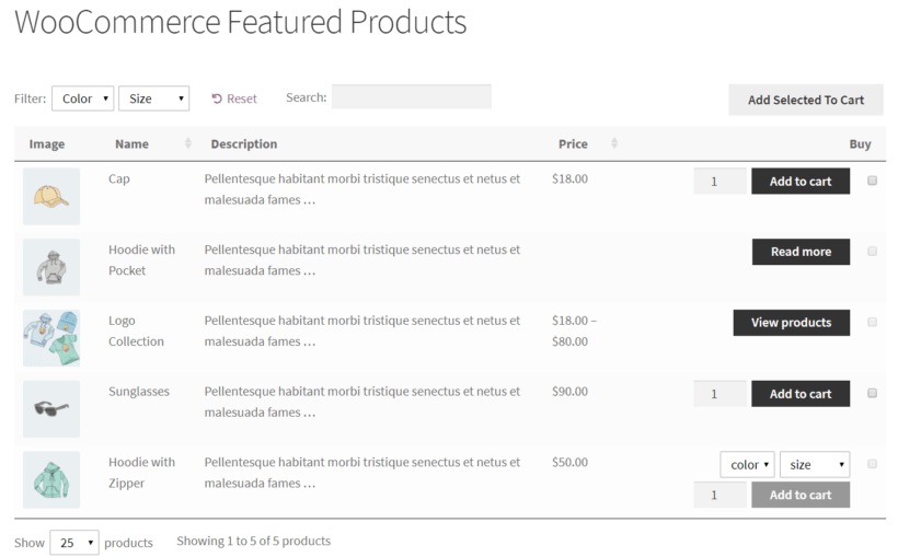 WooCommerce featured products in a table layout