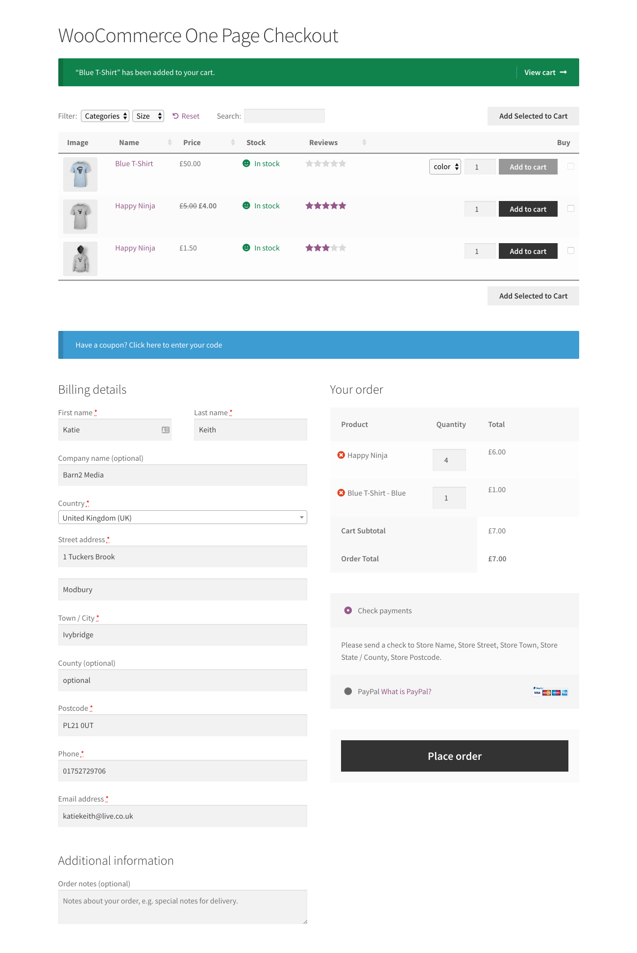 WooCommerce one page checkout with product table