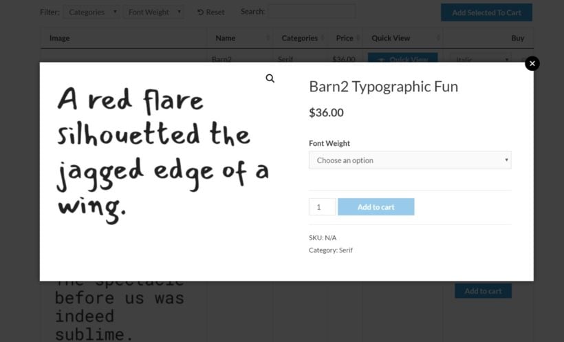 Font product quick view