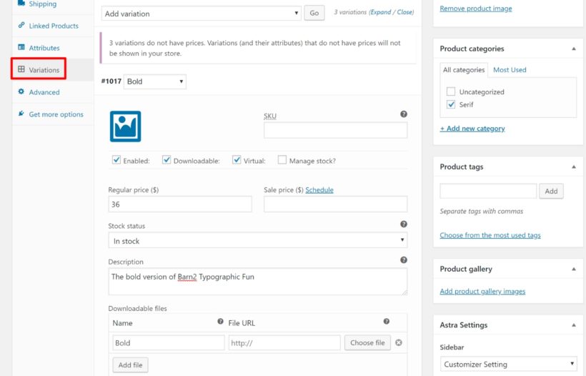 Configure product variations