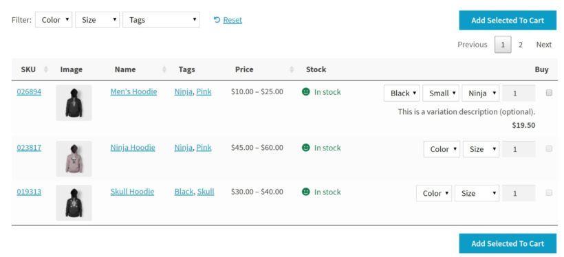 Product variations in search results