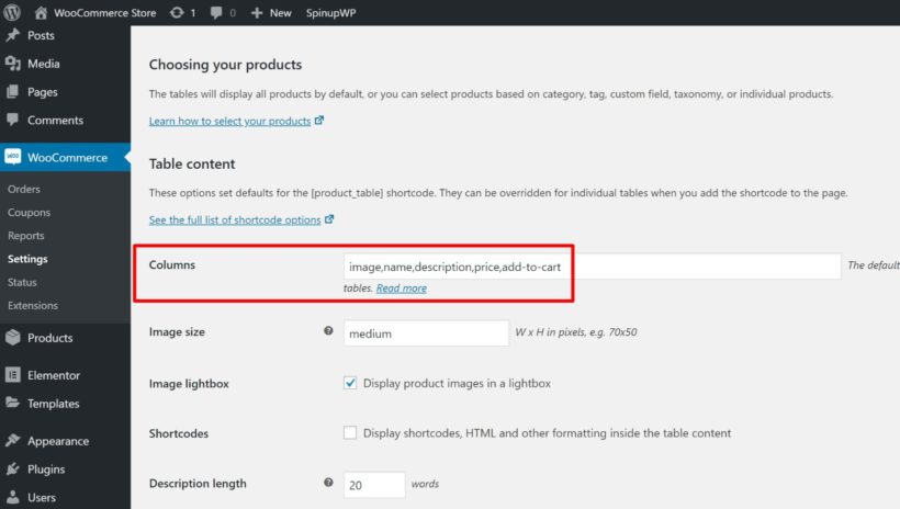 Configure columns to display in WooCommerce search