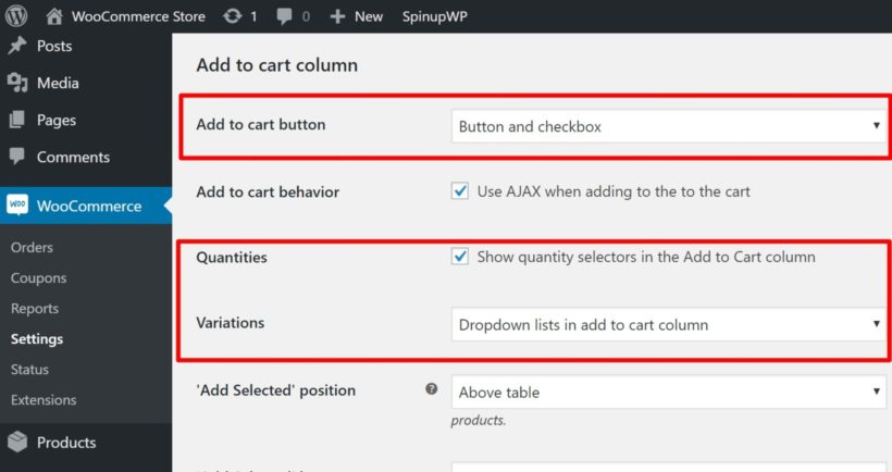 Add to cart settings