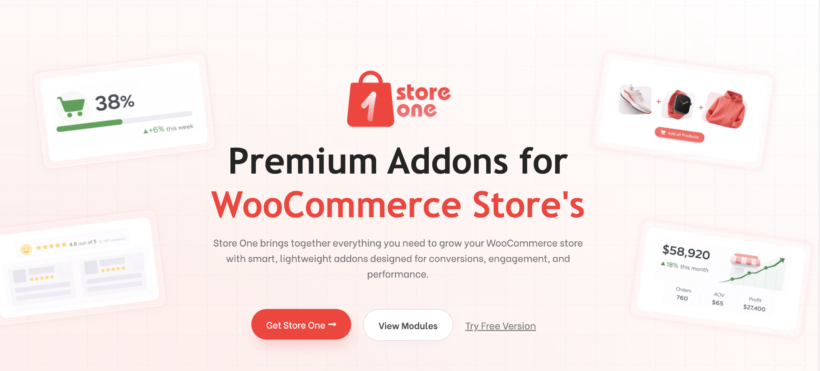 StoreOne homepage promoting premium add-ons for WooCommerce stores