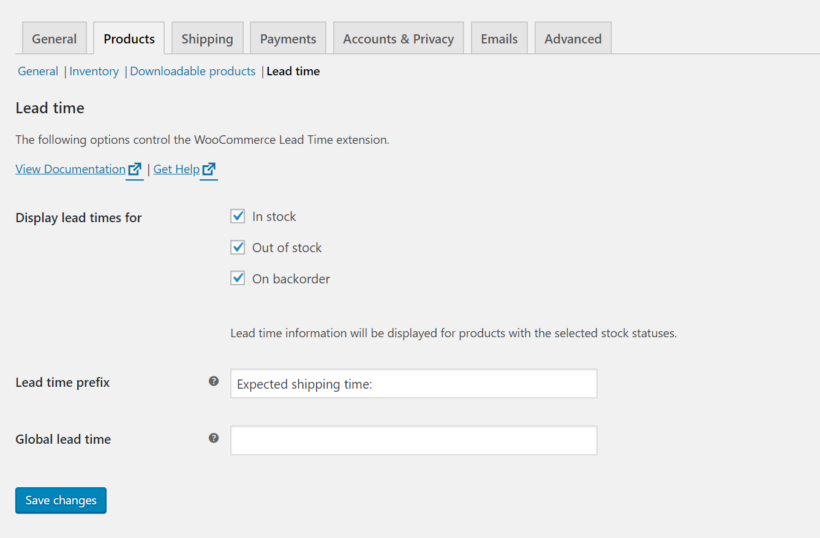 WooCommerce Lead Time plugin settings