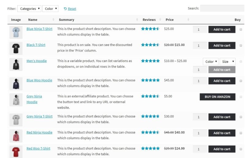 WooCommerce product table layout example