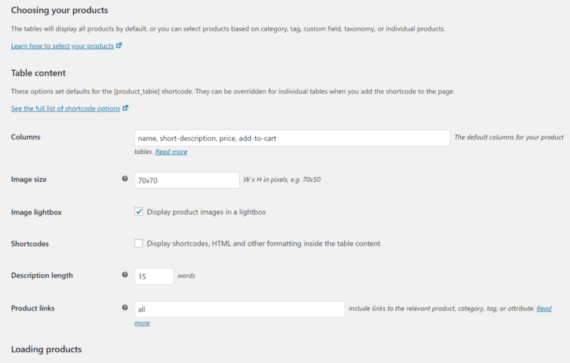 WooCommerce product table settings