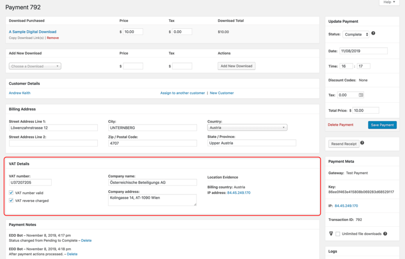 Easy Digital Downloads VAT Details Evidence