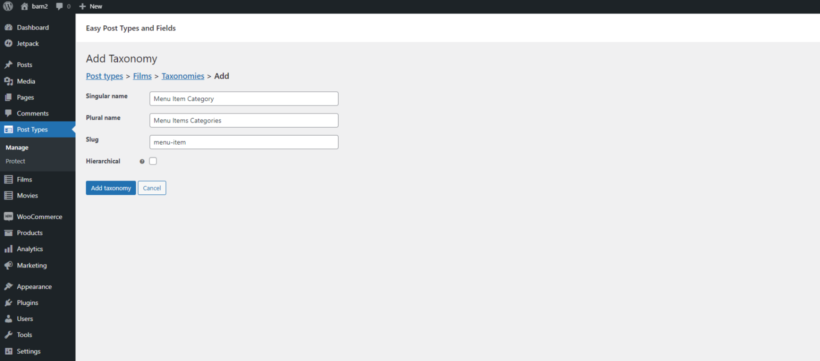 taxonomy menu items categories
