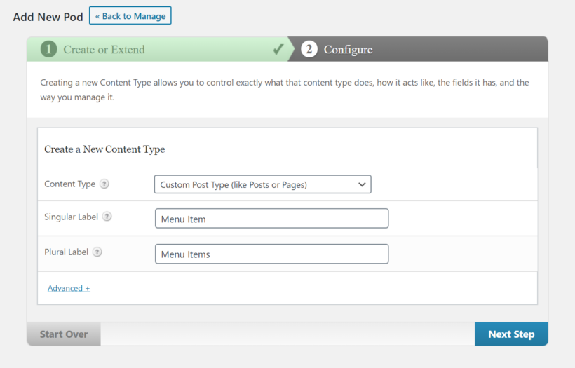 Create a new pod using Pods plugin.