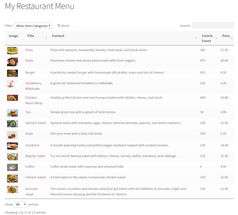 Preview of Posts Table Pro on the front-end.