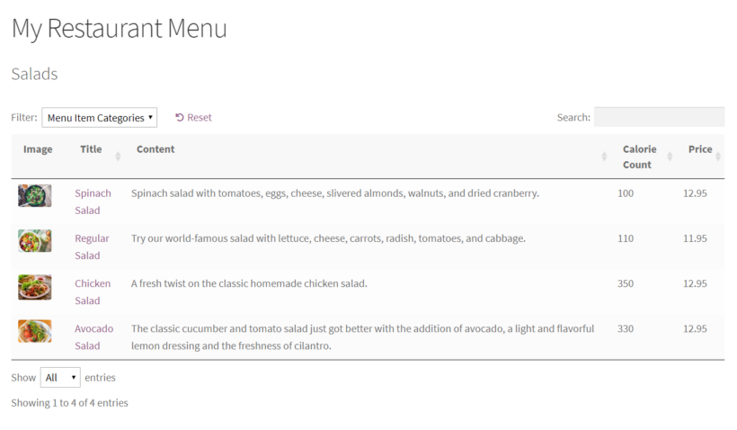 Online restaurant menu in WordPress.
