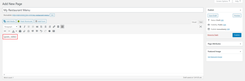 Posts Table Pro shortcode in text editor.