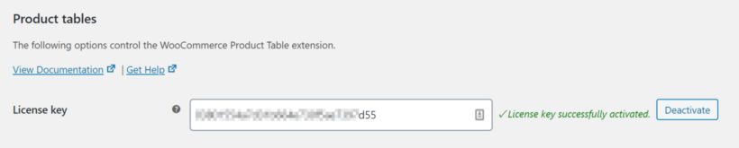 WooCommerce Product Table license key field
