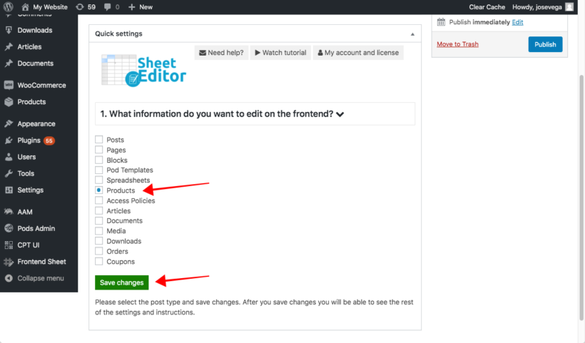 WooCommerce front end editor products post type
