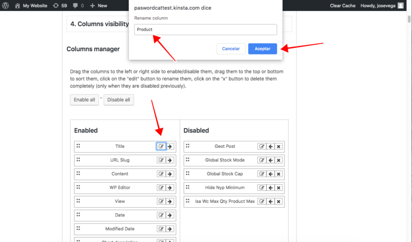 Rename column WooCommerce product editor