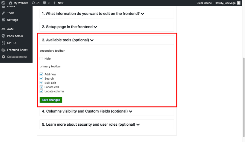 WP frontend editor options