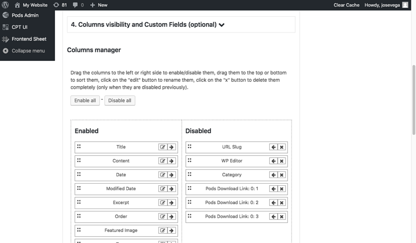 Select columns for WordPress front end editor table