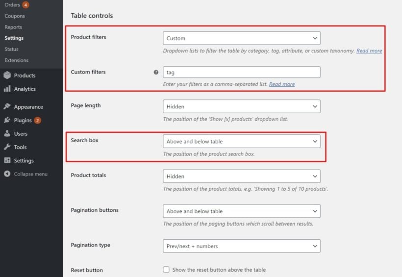 Configure filters and search