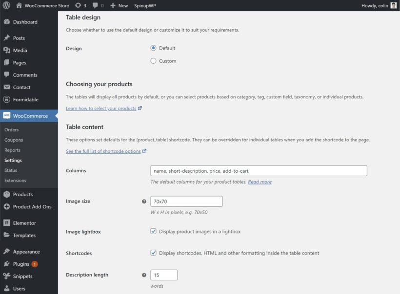 Configure WooCommerce Product Table settings