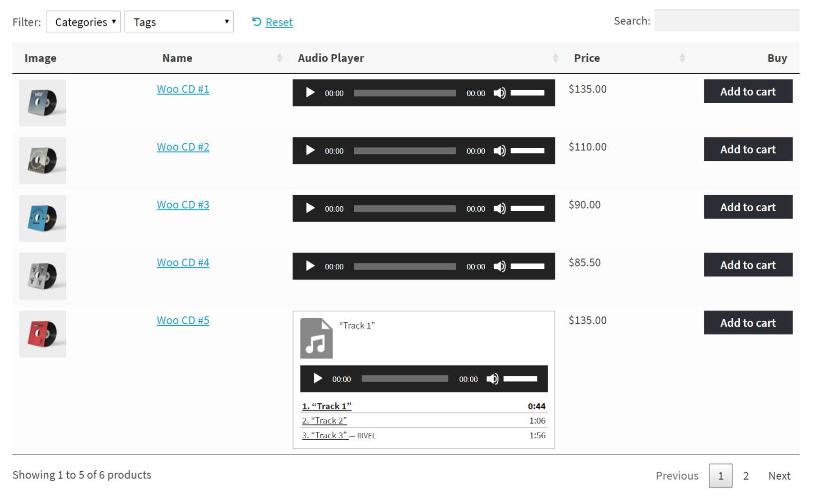 WooCommerce Product Table with embedded audio