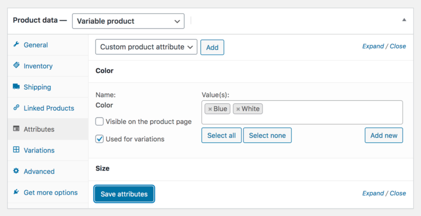 Add attributes for variable product