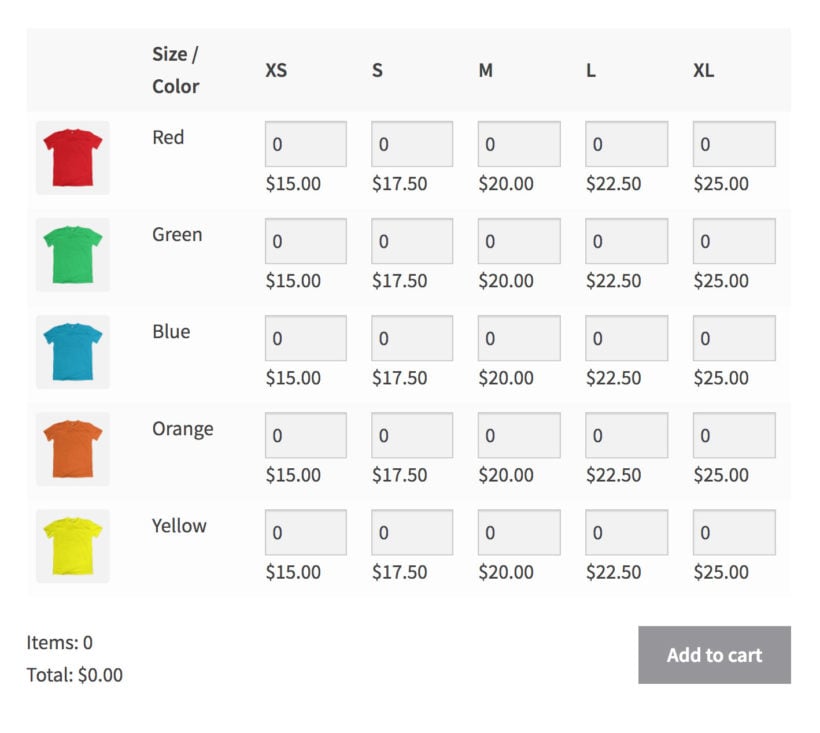 WooCommerce Bulk Variations grid with quantity boxes purchasing