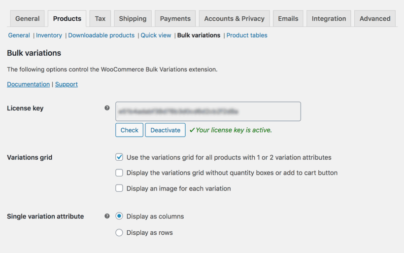 WooCommerce Bulk Variations settings page