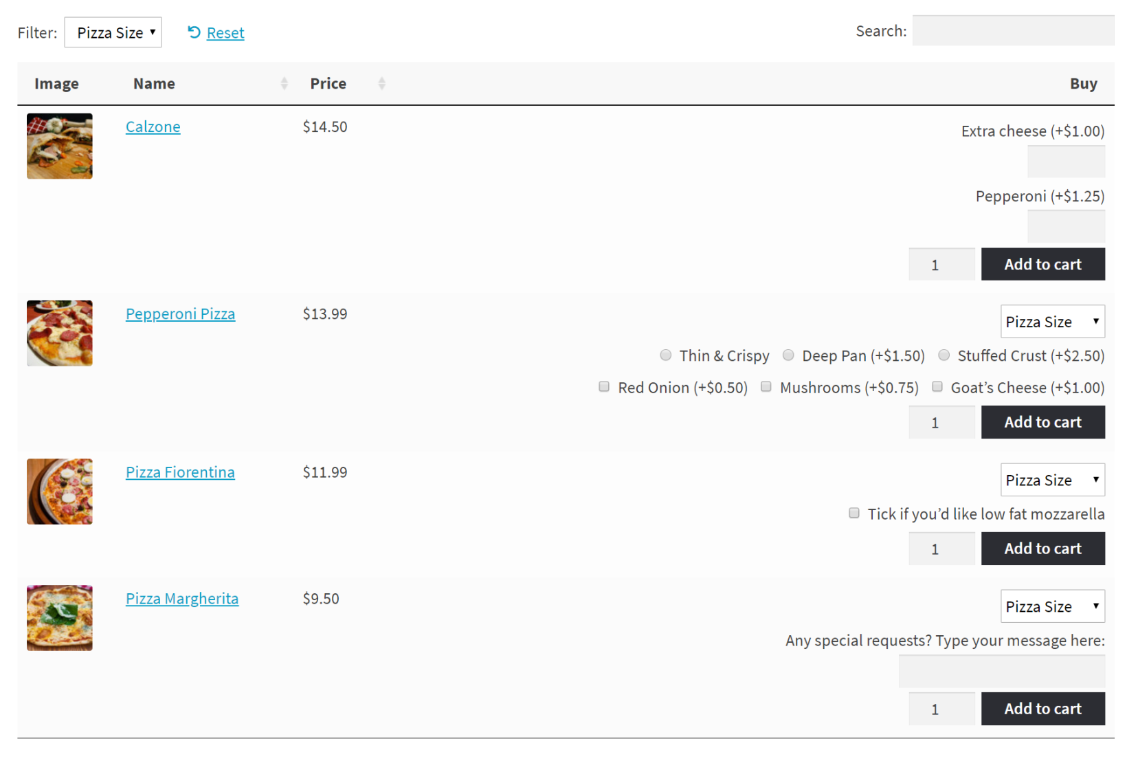WooCommerce Product Add-Ons with product variations in a table layout