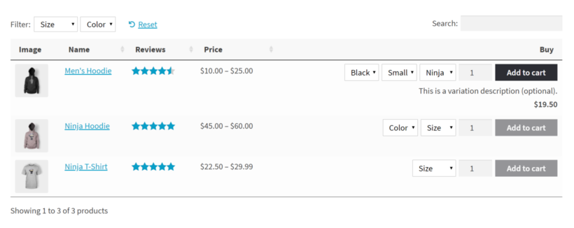 WooCommerce Product Table listing multiple variable products with variation dropdowns and add to cart in every row