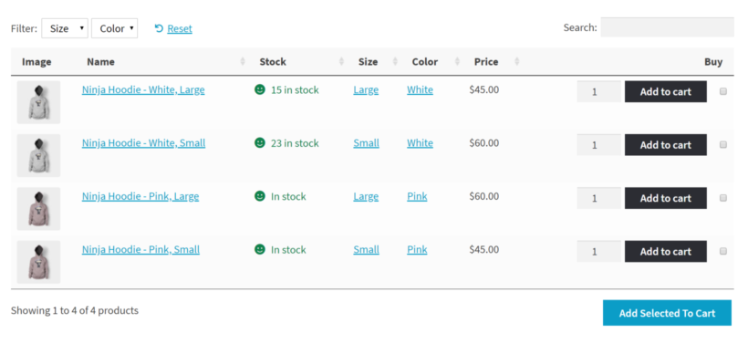 WooCommerce Product Table with each variation listed as a separate row showing stock attributes and add to cart