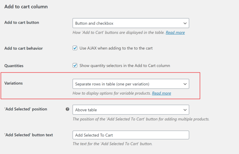 Selecting the separate variations option in the WooCommerce Product Table generator