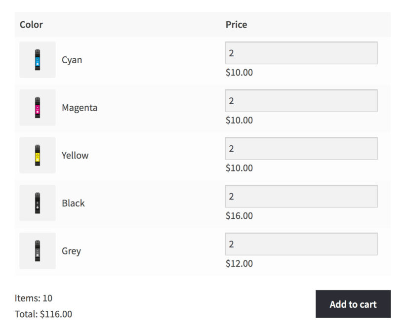 WooCommerce Bulk Variations grid with default quantities