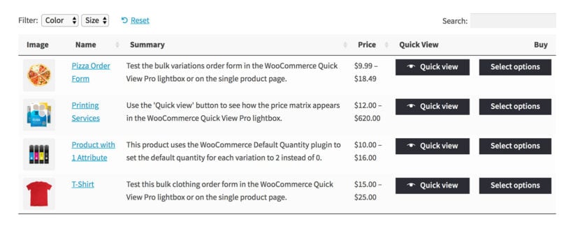 WooCommerce Product Table bulk variations