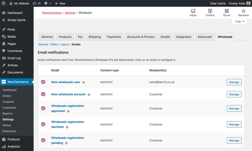 WooCommerce wholesale emails