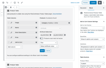 Gutenberg Block WooCommerce Product Table Settings