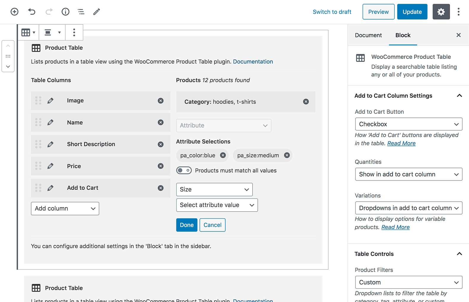 Gutenberg Block WooCommerce Product Table Settings