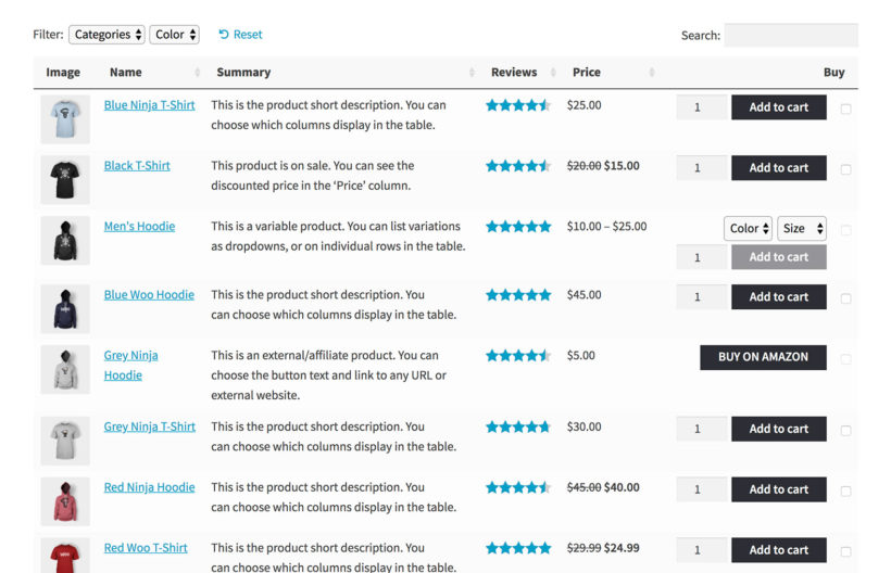 Gutenberg for WooCommerce Product Table block