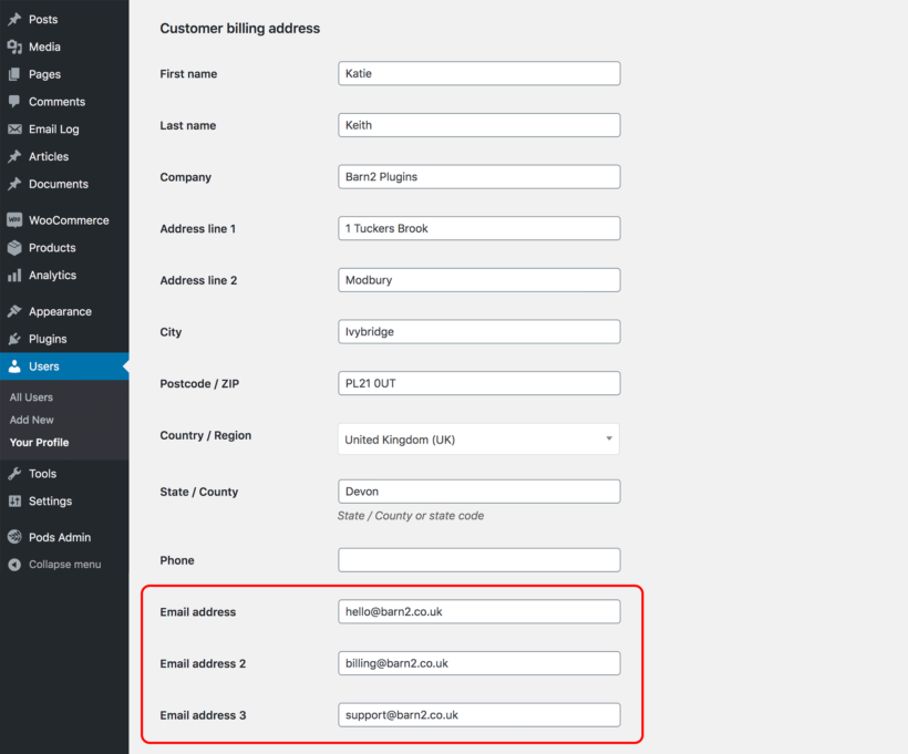 multiple email addresses for customer