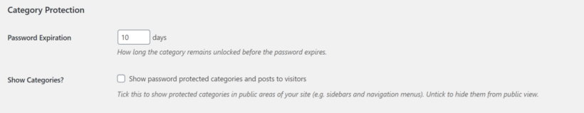 Category protection settings in Password Protected Categories plugin