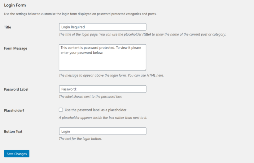 Login form settings in Password Protected Categories plugin