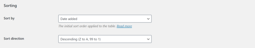 WooCommerce Product Table settings sorting options