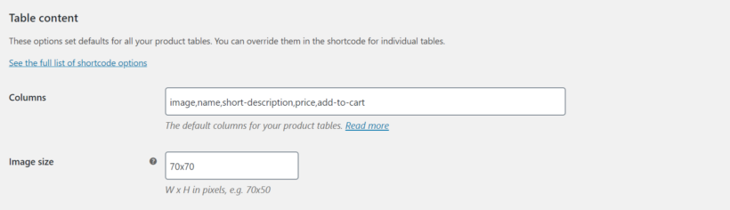 WooCommerce Product Table settings table content