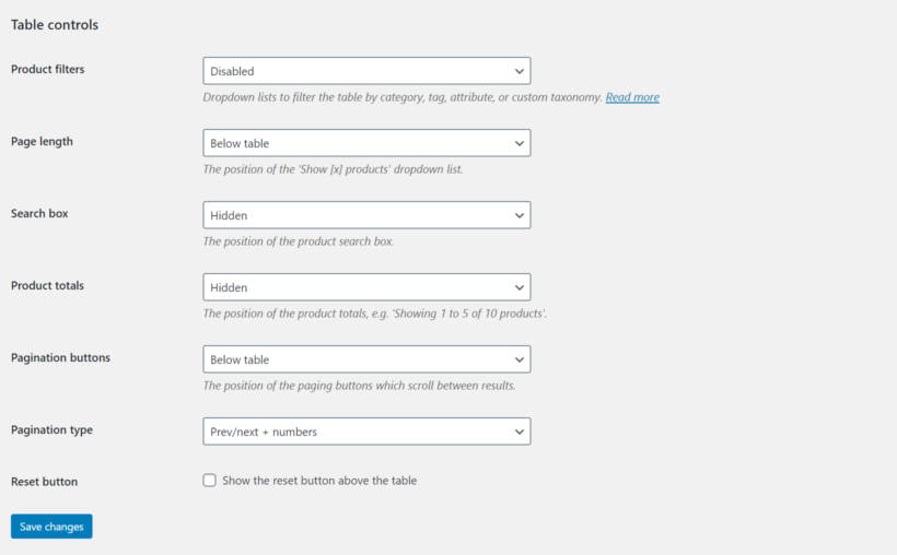 WooCommerce Product Table settings table controls