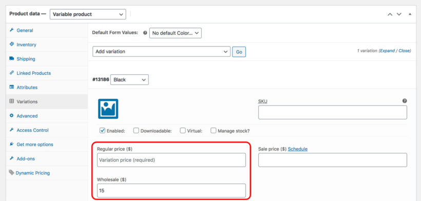 Disable variation wholesale users