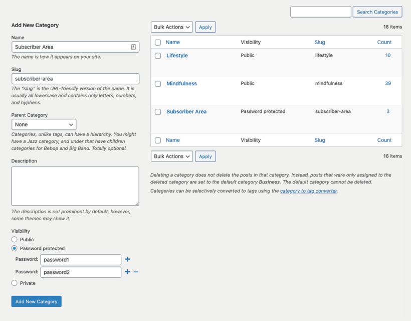 Steps to create private category page using the Password Protected Categories plugin