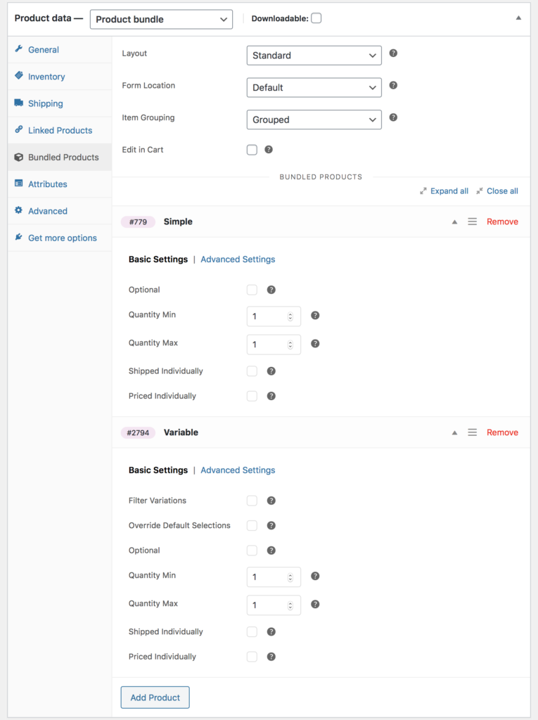 WooCommerce Product Bundles settings